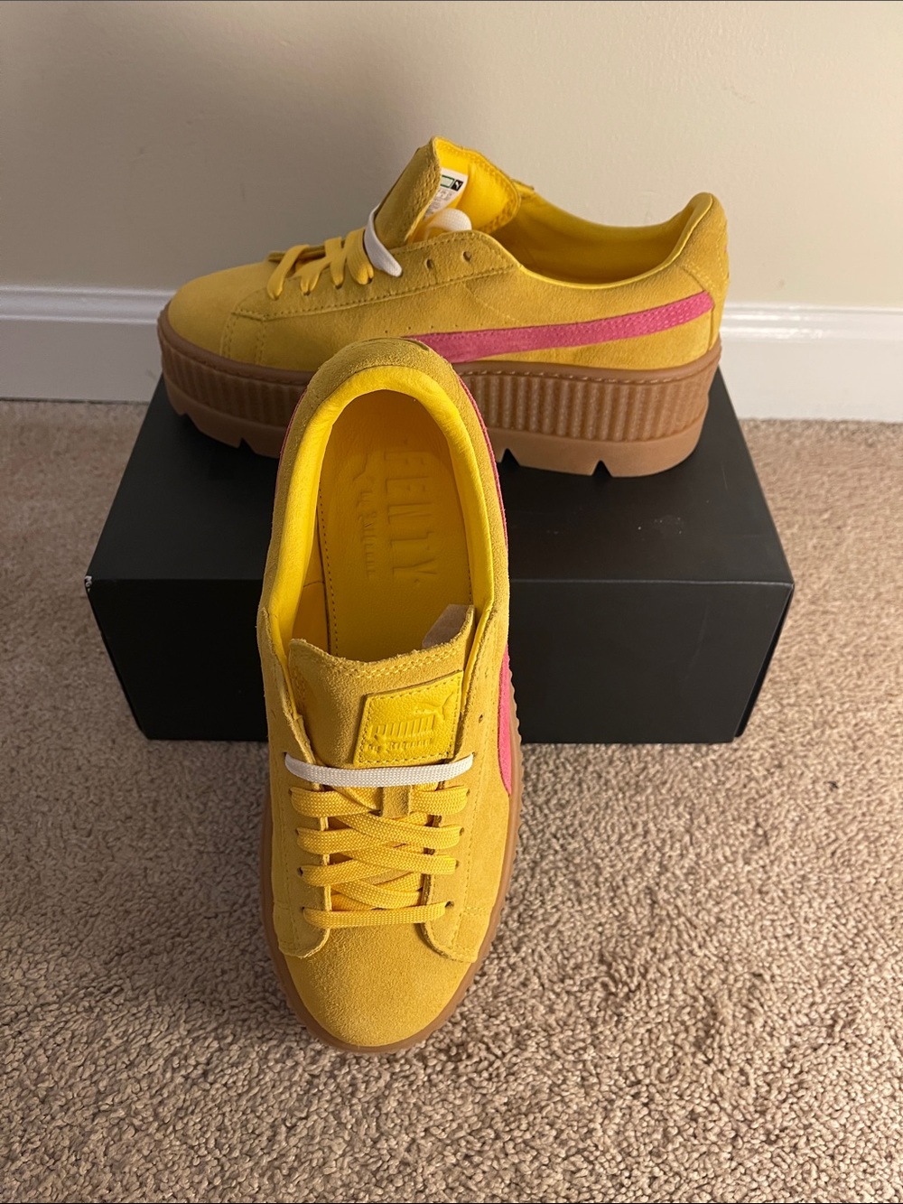 Fenty Puma Suede Platform Sneakers - Yellow with Pink Stripe